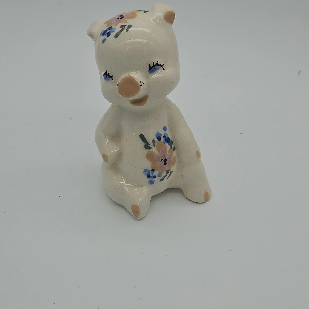 Vintage Floral Ceramic Pig Figurine - Cream, Blue, Pink